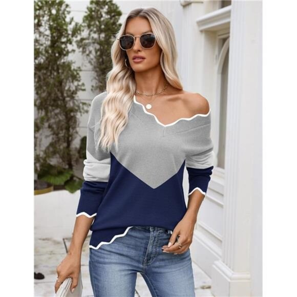 Women V Neck Sweater Fall 2025 Long Sleeve Lightweight Ribbed Knit Casual Top - Picture 4 of 7